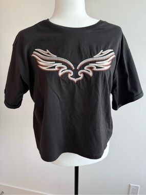 New with Tags Black Short Sleeve Tee with Embroidered Wing Motif